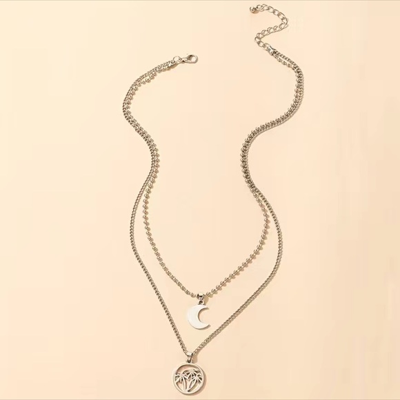 Silver 925 Plated Boho Moon Coconut Tree Summer Beach Style Necklace - Picture 2 of 4